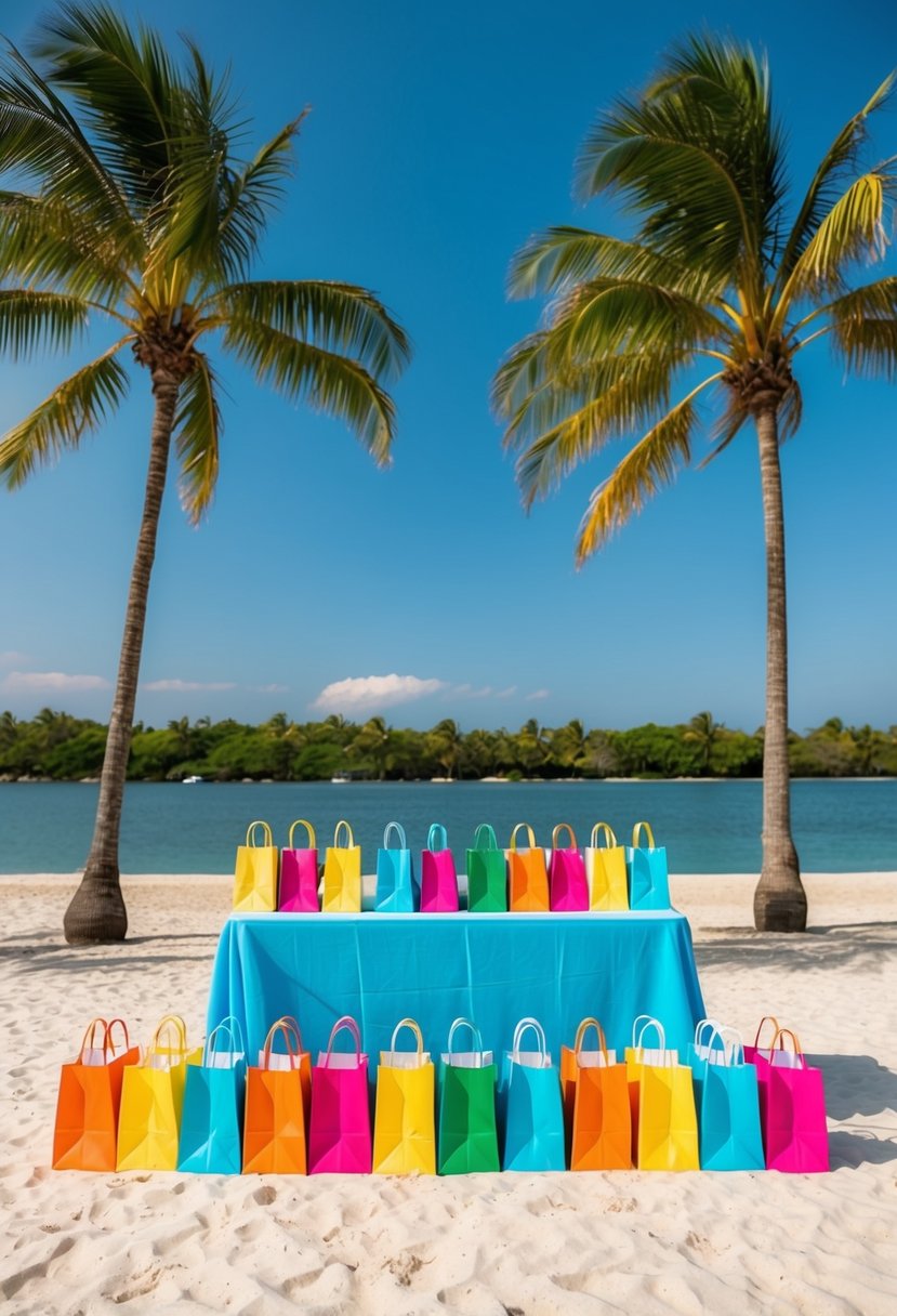 A sandy beach with colorful welcome bags arranged on a table by the water, surrounded by palm trees and a clear blue sky