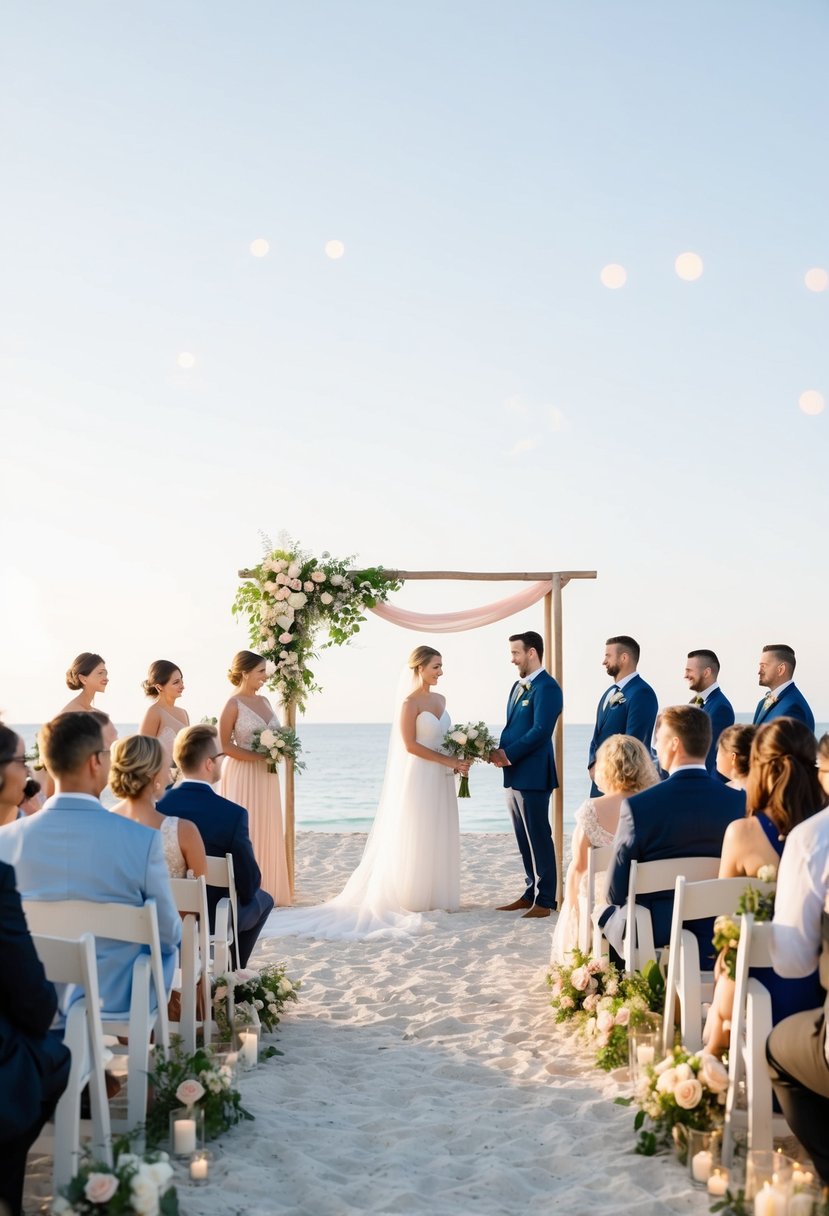 A serene beach setting with simple, elegant decor and a small group of guests gathered for a budget-friendly wedding ceremony