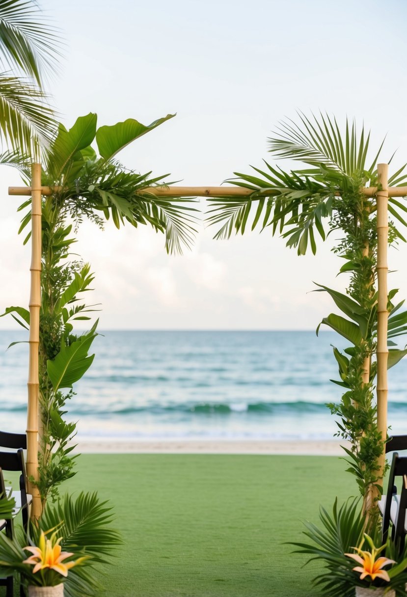 Lush greenery adorns simple, beach-themed decor. A bamboo arch frames the ocean backdrop, with palm leaves and tropical flowers scattered throughout the setting