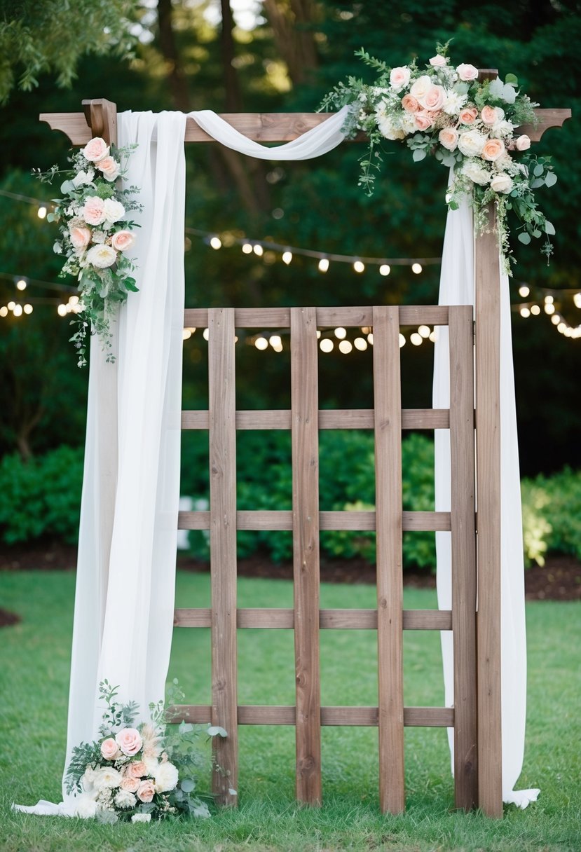 A rustic wooden trellis adorned with flowers and draped with sheer fabric, set against a backdrop of lush greenery and twinkling string lights