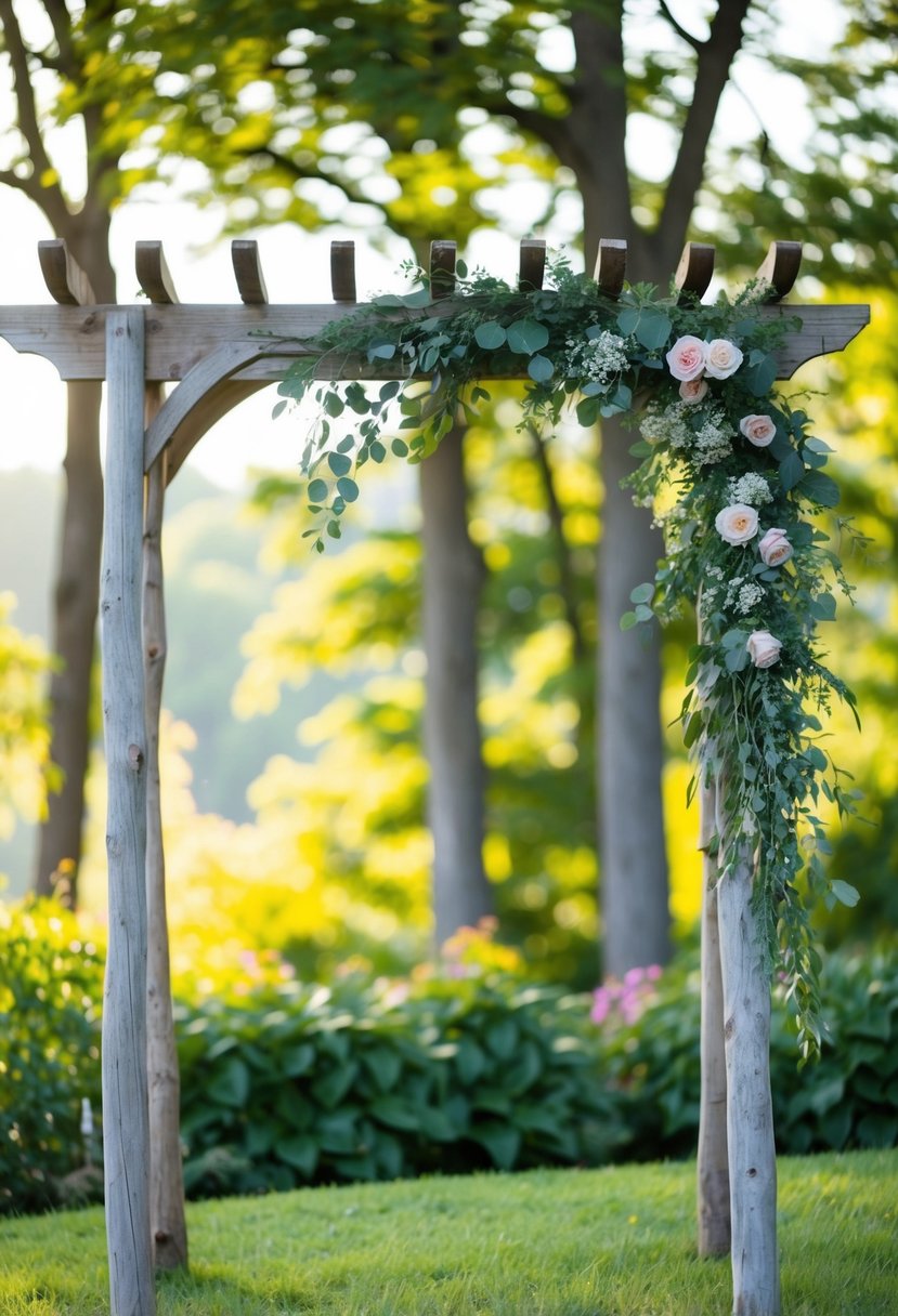 A rustic wooden arbor adorned with greenery and flowers, set against a backdrop of lush trees and soft sunlight filtering through the leaves