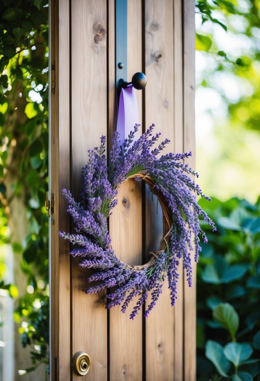 A rustic wood door adorned with a lavender wreath, set against a backdrop of lush greenery and soft sunlight filtering through