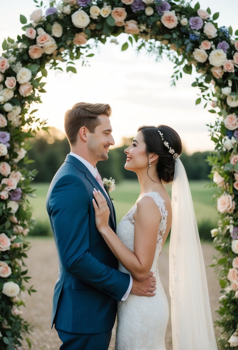 A couple standing beneath a flower-adorned arch, gazing into each other's eyes with love and devotion