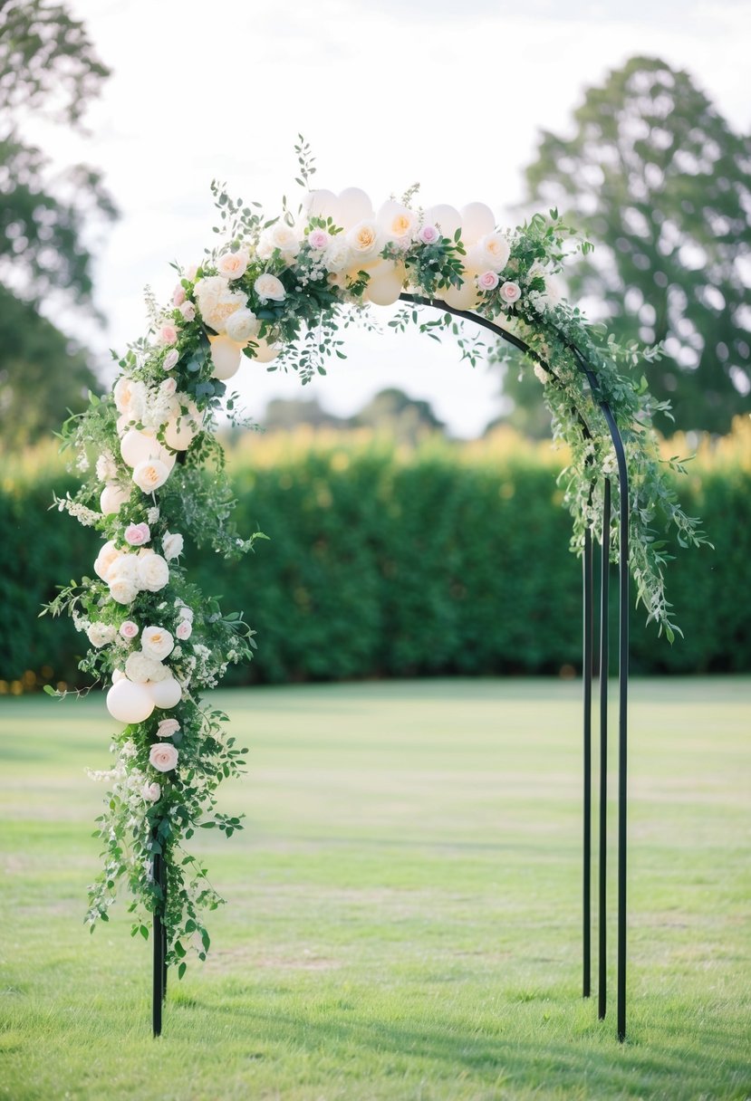 An elegant metal balloon arch stand adorned with flowers and greenery, creating a beautiful wedding trellis