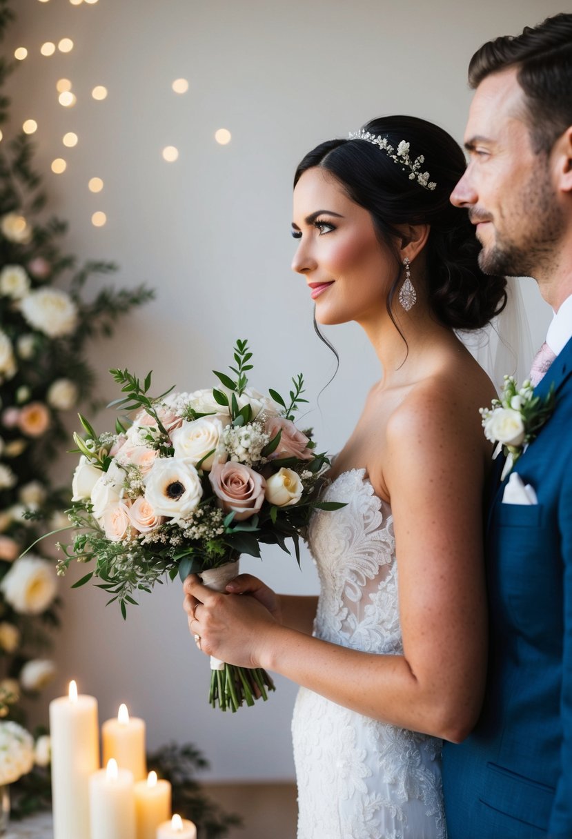 A bride holding a bouquet, gazing into her partner's eyes, surrounded by flowers and candles