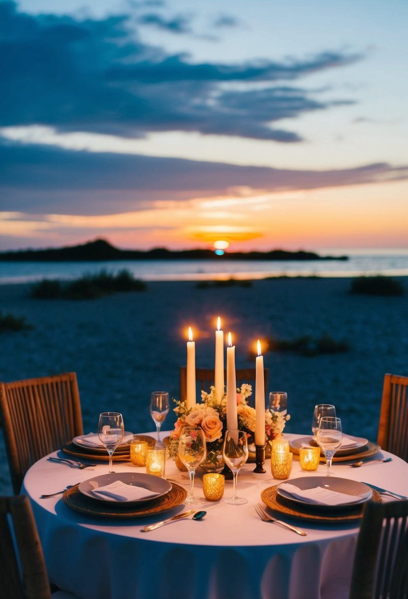 A candlelit dinner on a secluded beach, with a sunset in the background and a table set with elegant tableware and flowers