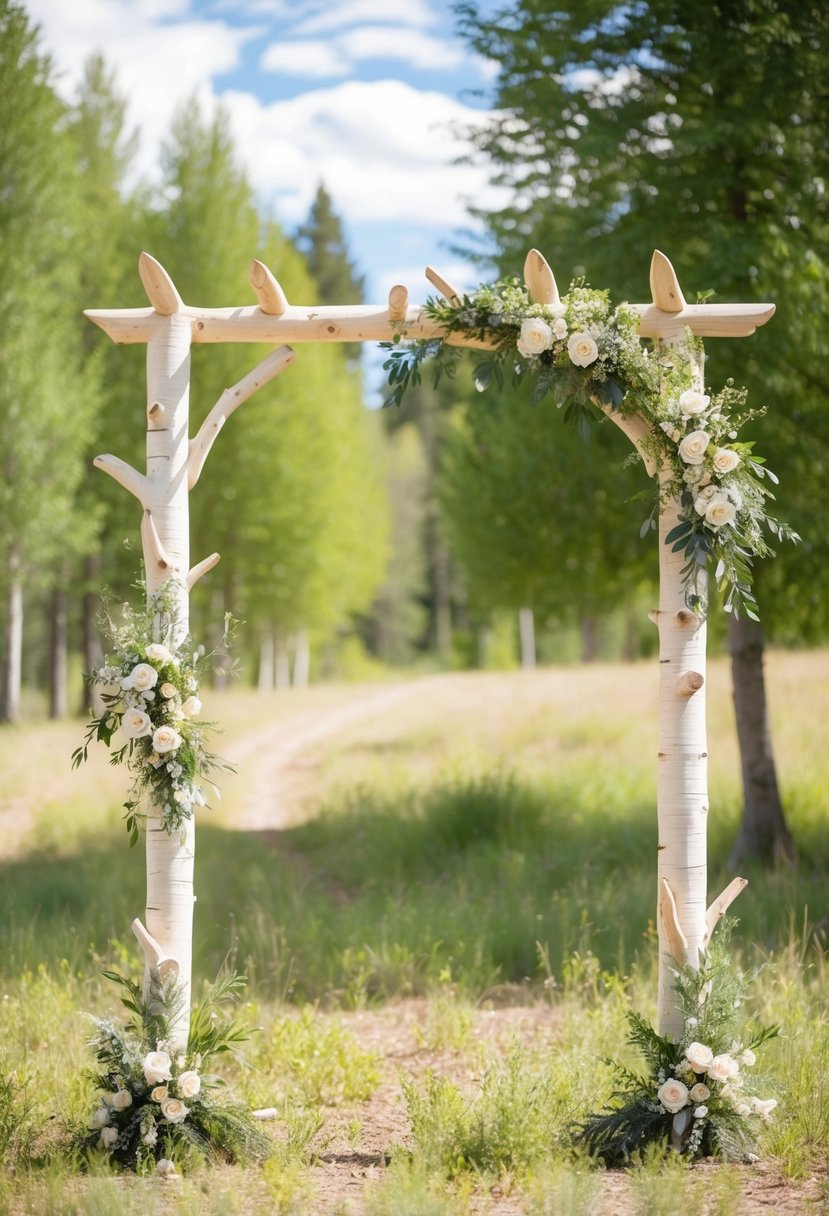 A rustic wedding trellis made of natural aspen wood, adorned with delicate greenery and soft floral accents, stands in a sun-dappled clearing