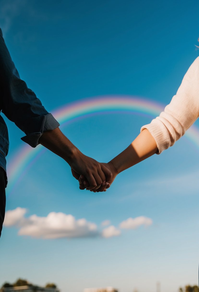 A couple holding hands under a clear blue sky with a rainbow in the background