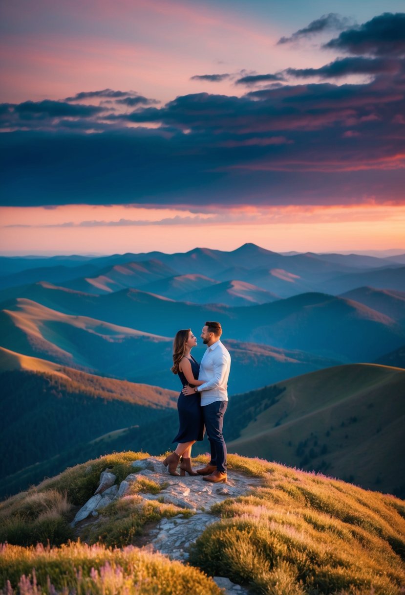 A couple standing together on a mountain peak, surrounded by a breathtaking landscape of rolling hills and a colorful sunset