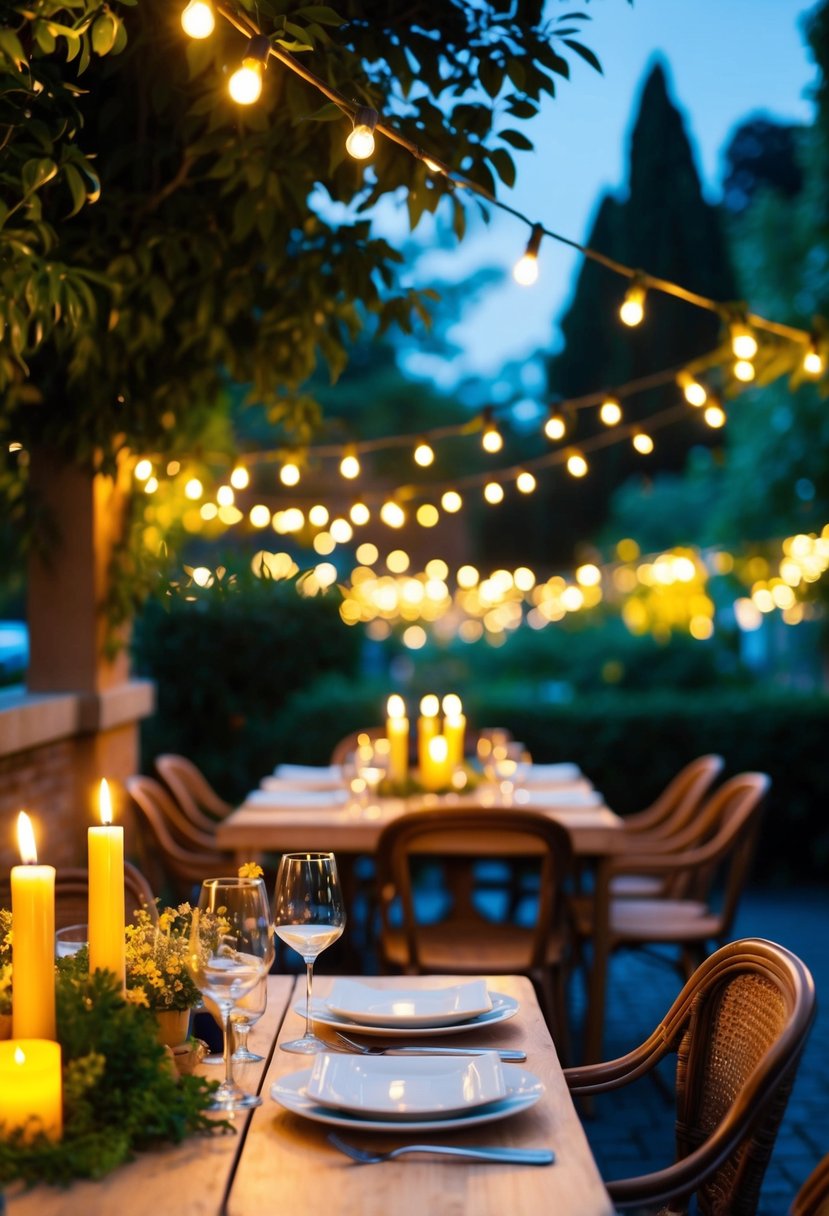 A cozy candlelit dinner at a charming outdoor cafe, surrounded by twinkling lights and lush greenery