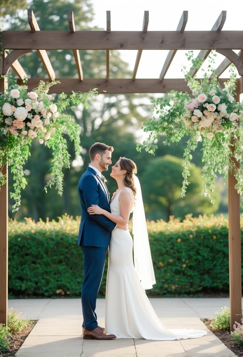 A couple stands under a trellis adorned with low-hanging florals