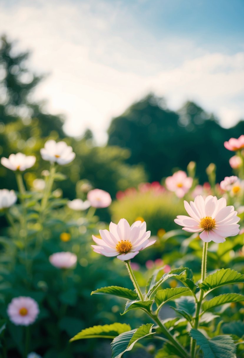 A serene garden with blooming flowers and a gentle breeze, symbolizing peace and love