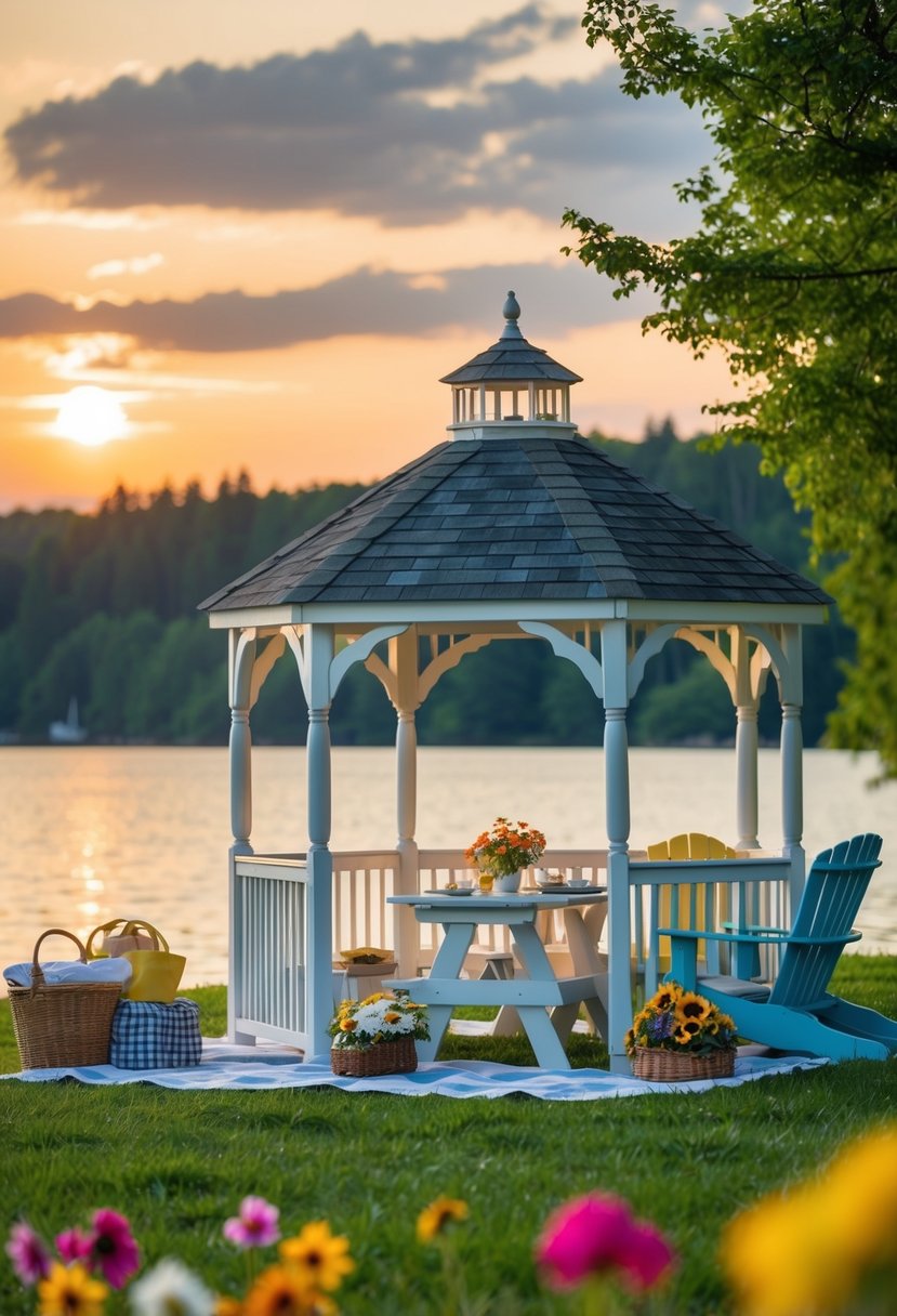 A picturesque lakeside picnic with a charming gazebo, surrounded by colorful flowers and a serene sunset