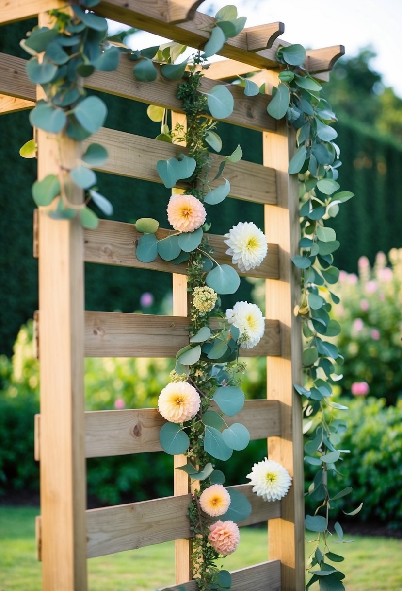 A wooden trellis adorned with eucalyptus and dahlia flowers, set against a backdrop of lush greenery and soft sunlight