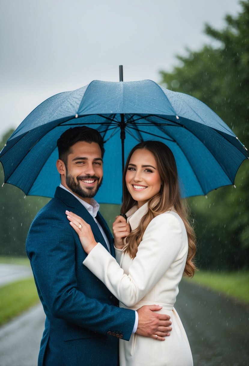 A couple standing under an umbrella, smiling and holding each other during a storm