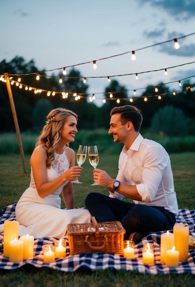 A couple sits on a checkered blanket under twinkling string lights, surrounded by candles and a picnic spread, toasting to their wedding anniversary