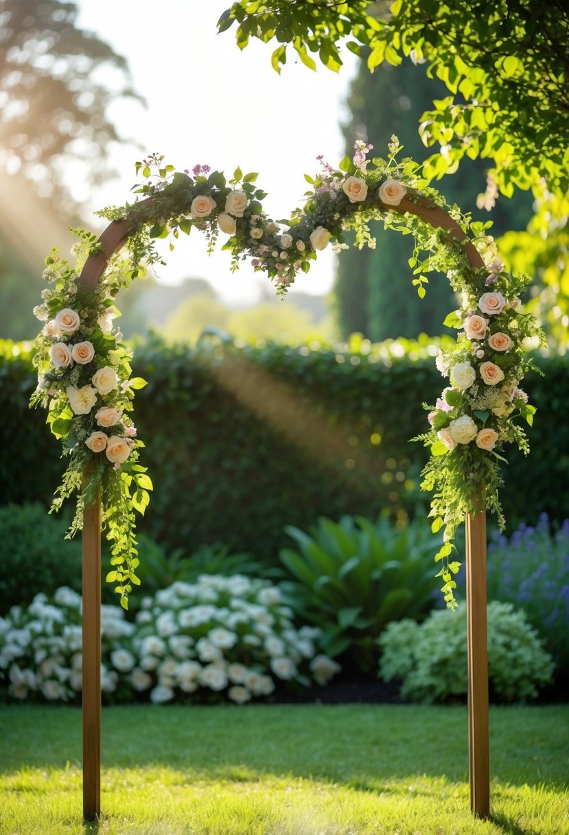 A heart-shaped arbor adorned with flowers and greenery, set in a lush garden with soft sunlight filtering through the leaves