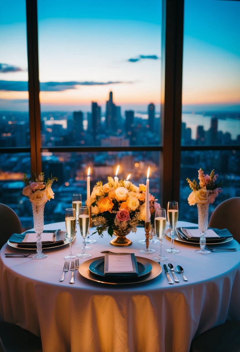 A candlelit table set for two with a view of the city skyline, adorned with flowers and champagne on ice