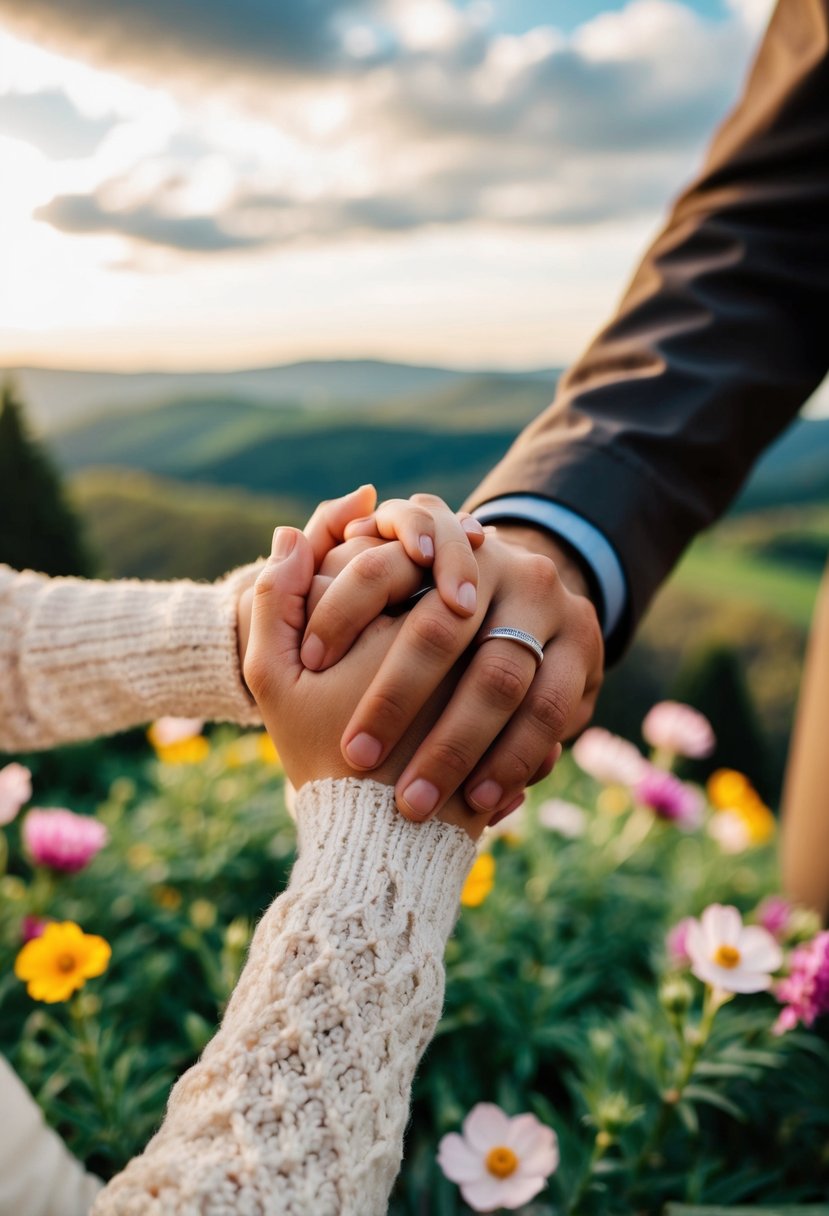 A couple's hands clasping together, surrounded by blooming flowers and a picturesque landscape