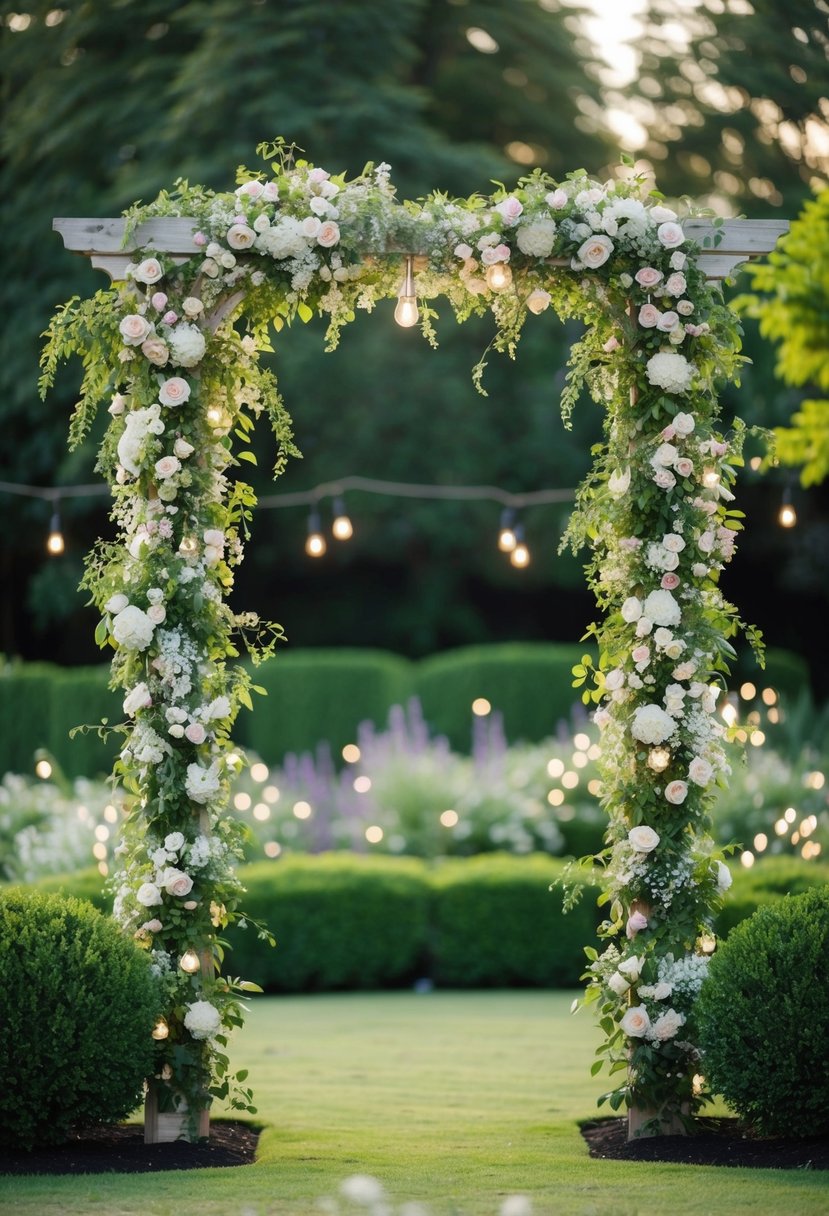 A lush garden wedding trellis adorned with delicate flowers and twinkling lights