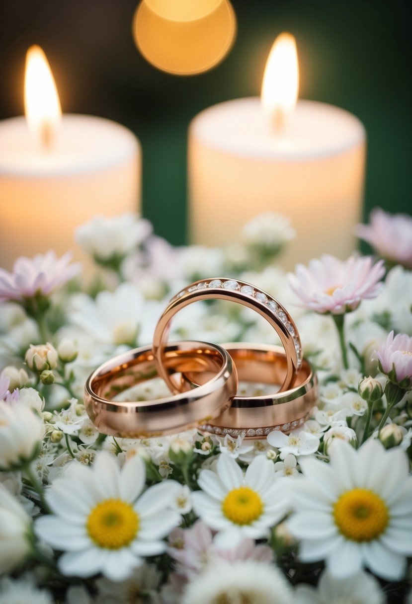 Two intertwined rings on a bed of delicate flowers, surrounded by soft candlelight