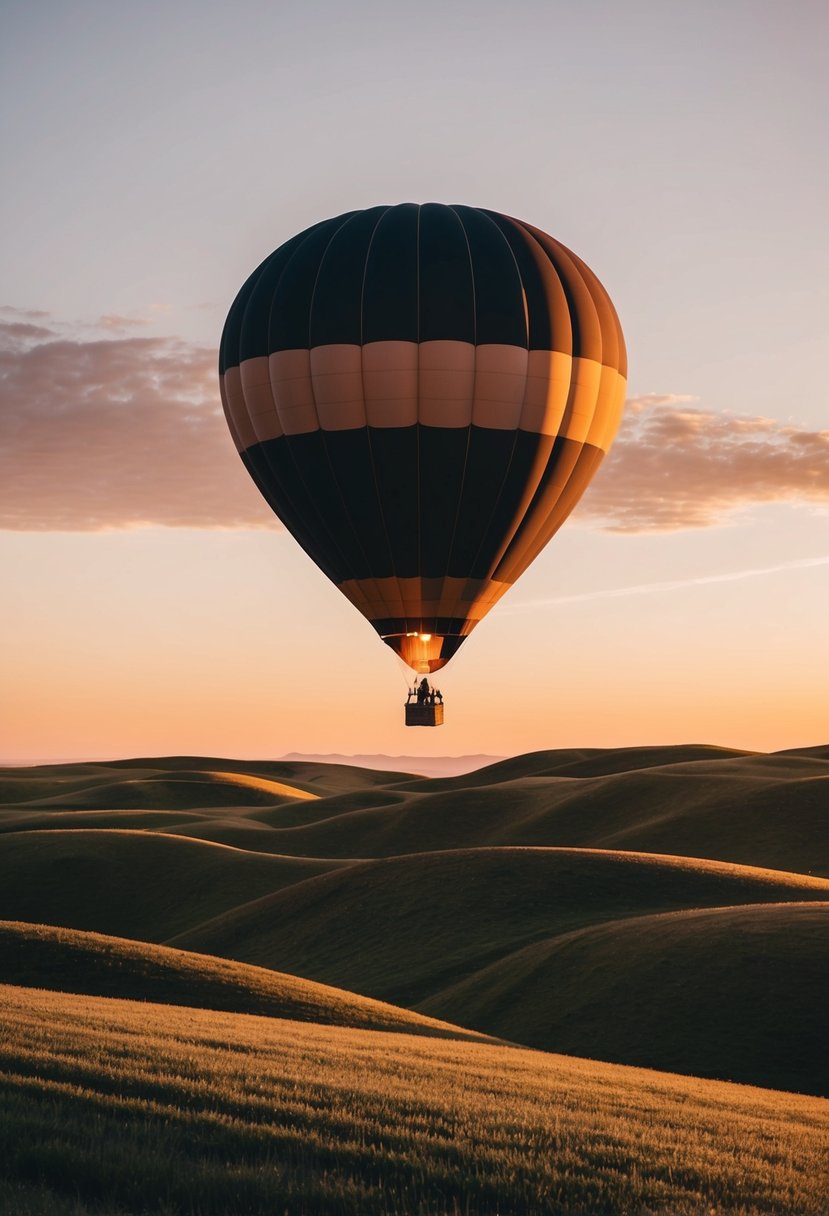 A hot air balloon floats over rolling hills at sunset. The sky is filled with warm colors as the couple celebrates their wedding anniversary