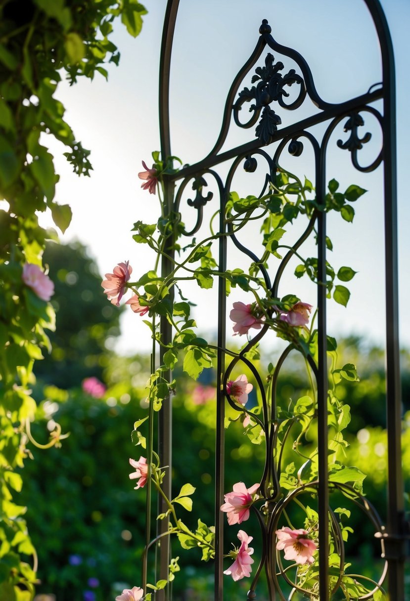 An ornate metal trellis entwined with flowers and vines, casting intricate shadows against a sunlit garden backdrop