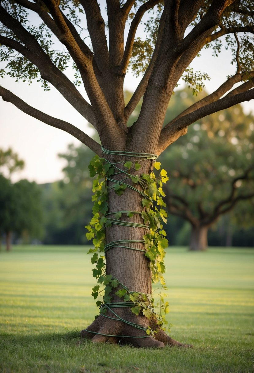 A strong oak tree supporting a delicate vine, intertwining and finding unity in their embrace