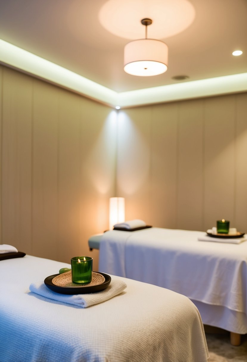 A serene spa room with two massage tables, soft lighting, and a tranquil atmosphere