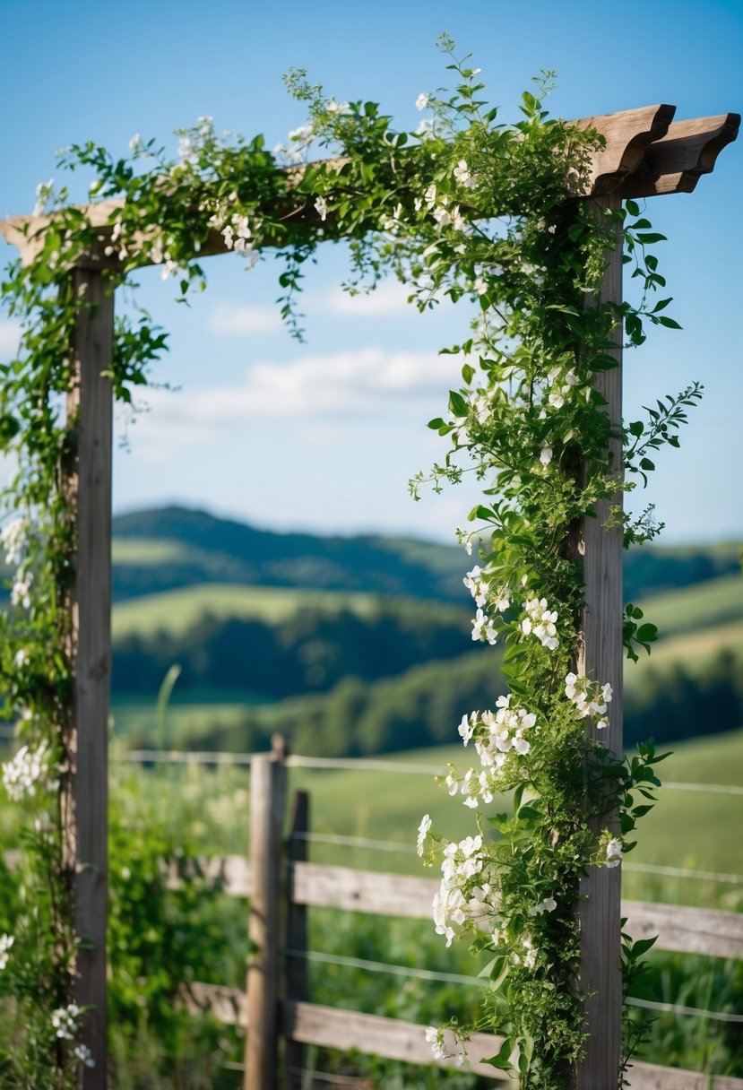 A rustic wooden trellis adorned with lush greenery and delicate white flowers, set against a backdrop of rolling hills and a clear blue sky