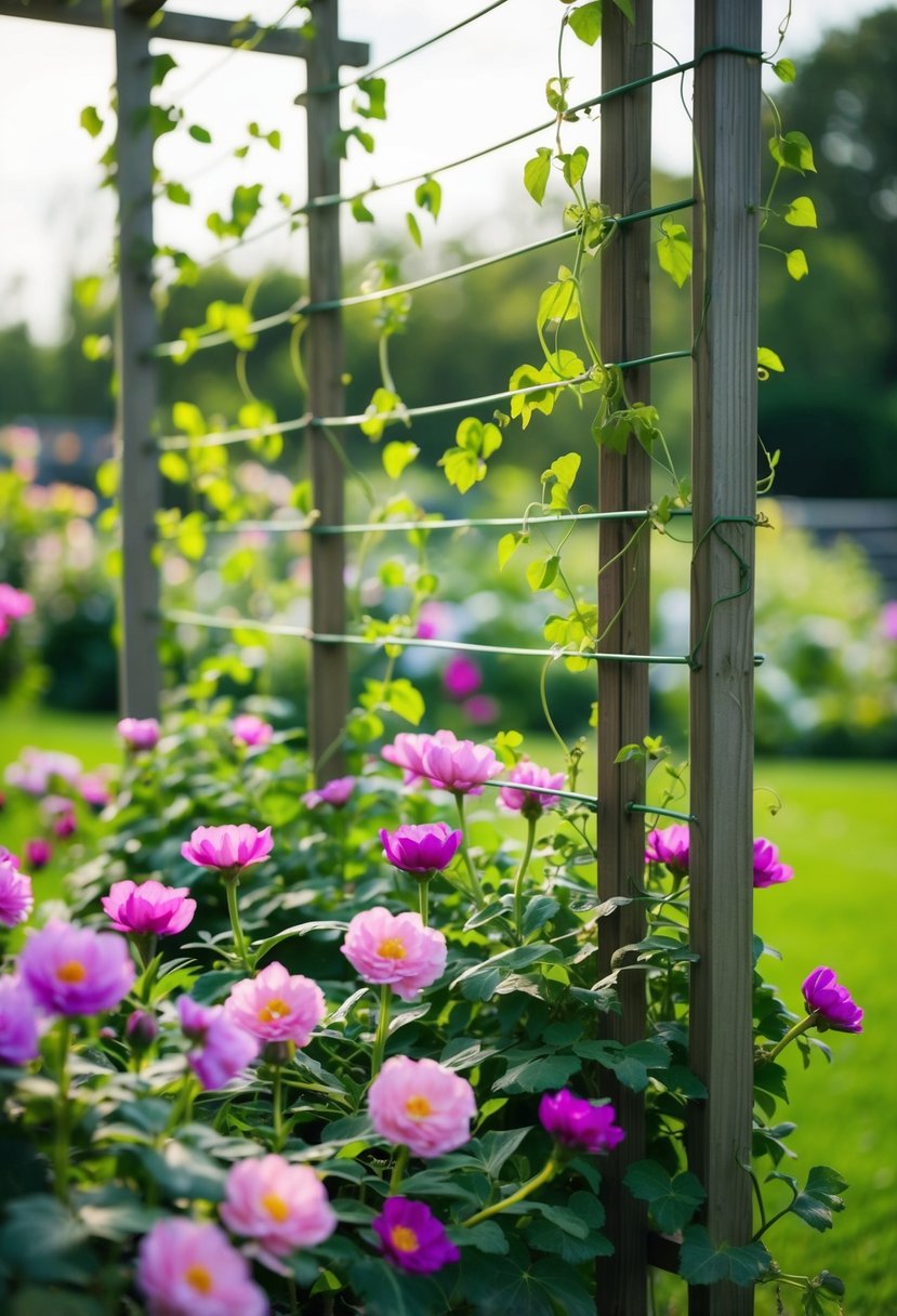 A blooming flower garden with a trellis and vines, symbolizing growth and support