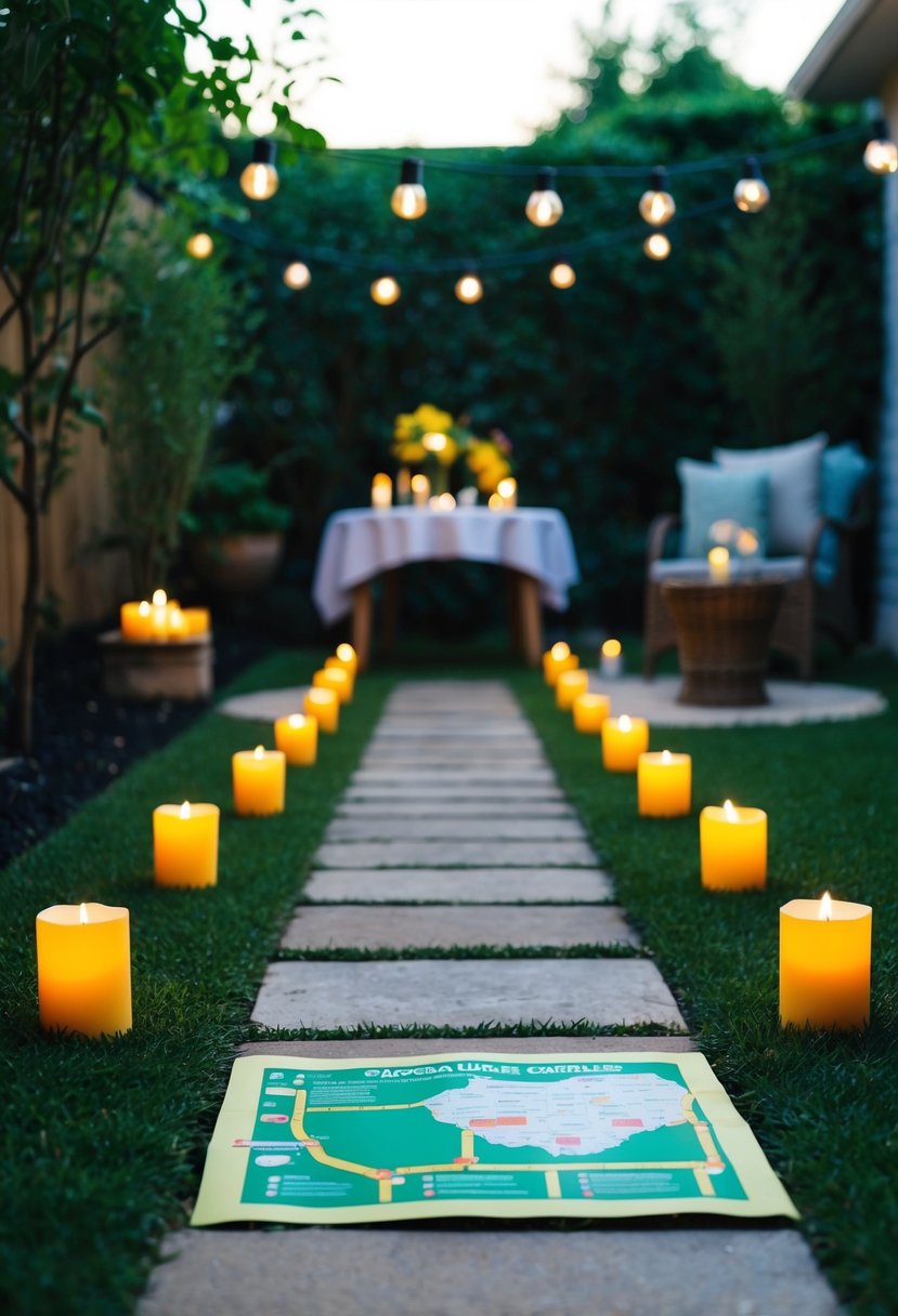 A backyard garden with a path lined with candles, leading to a table set for two with a map and clues scattered around