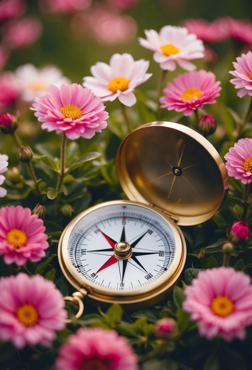 A compass surrounded by blooming flowers, symbolizing love and guidance