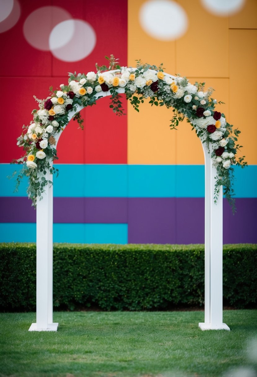 A wedding trellis adorned with bold, contrasting color blocks in geometric patterns