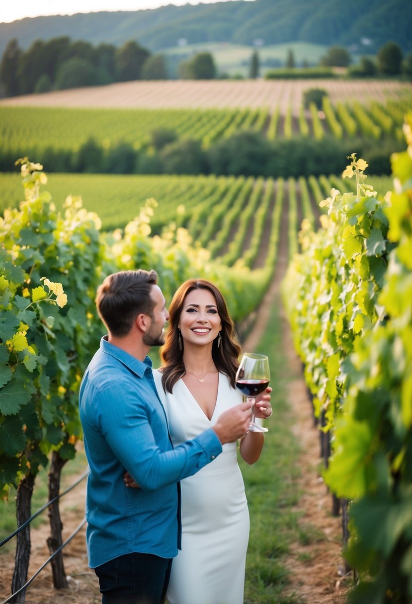 A couple enjoys a wine tasting at a local vineyard, surrounded by rows of lush grapevines and a picturesque landscape