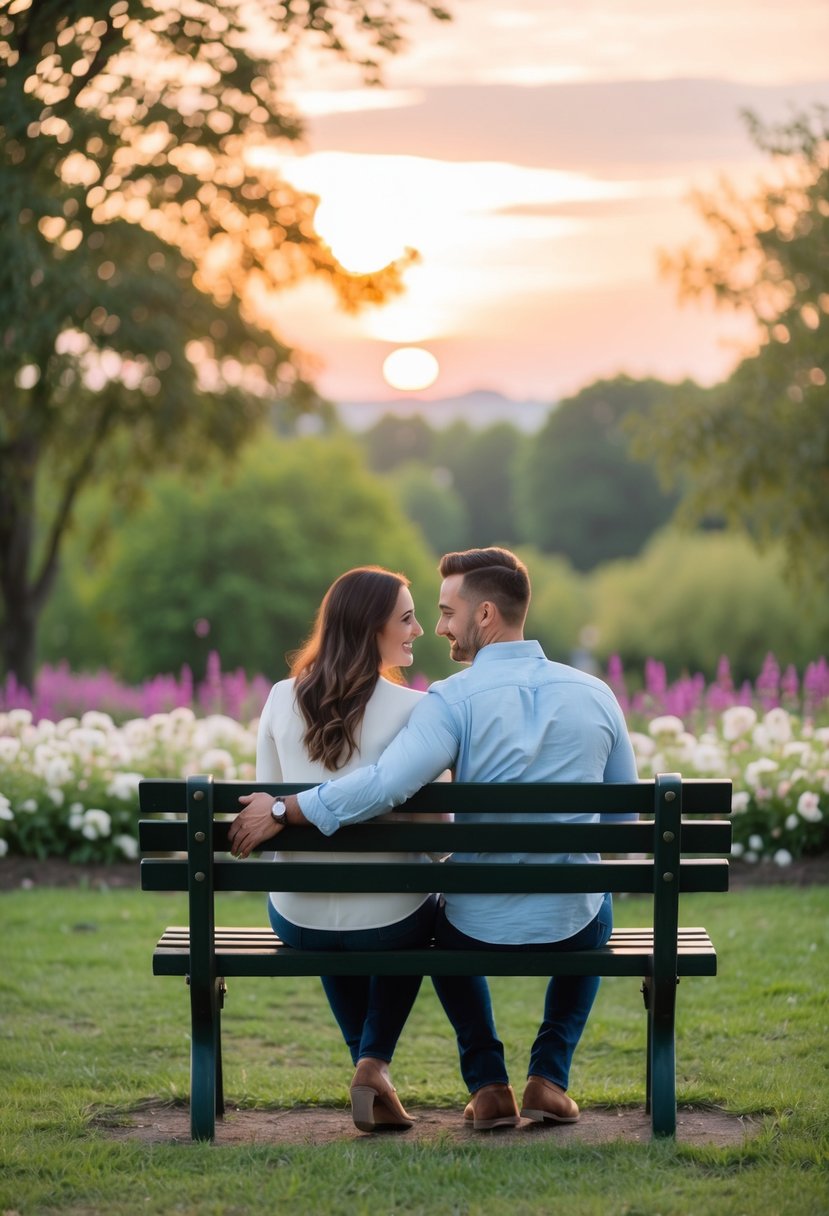 A couple sitting together on a park bench, surrounded by blooming flowers and a serene sunset in the background