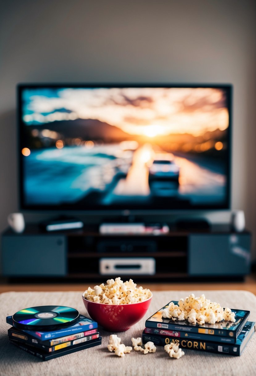 A cozy living room with a big screen TV, a pile of DVDs, and a bowl of popcorn on the coffee table