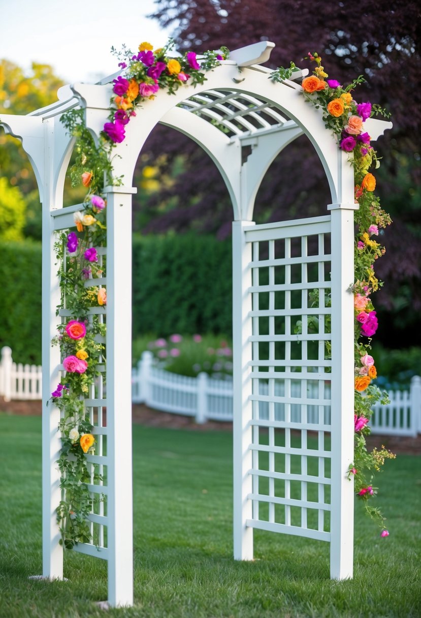 A white trellis adorned with vibrant floral arches in a garden setting