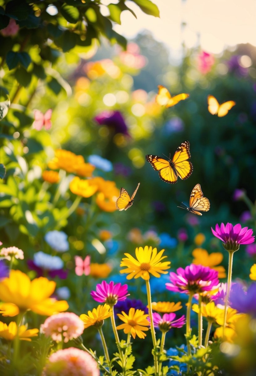 A sunlit garden with colorful flowers and butterflies fluttering around, casting a warm and joyful atmosphere