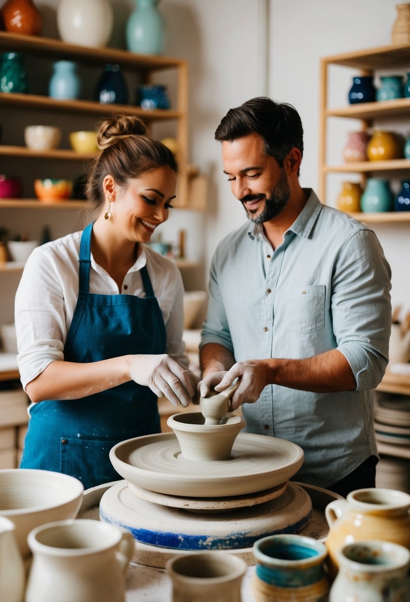 A couple molds clay on a pottery wheel in a cozy studio, surrounded by shelves of colorful glazes and finished ceramic pieces