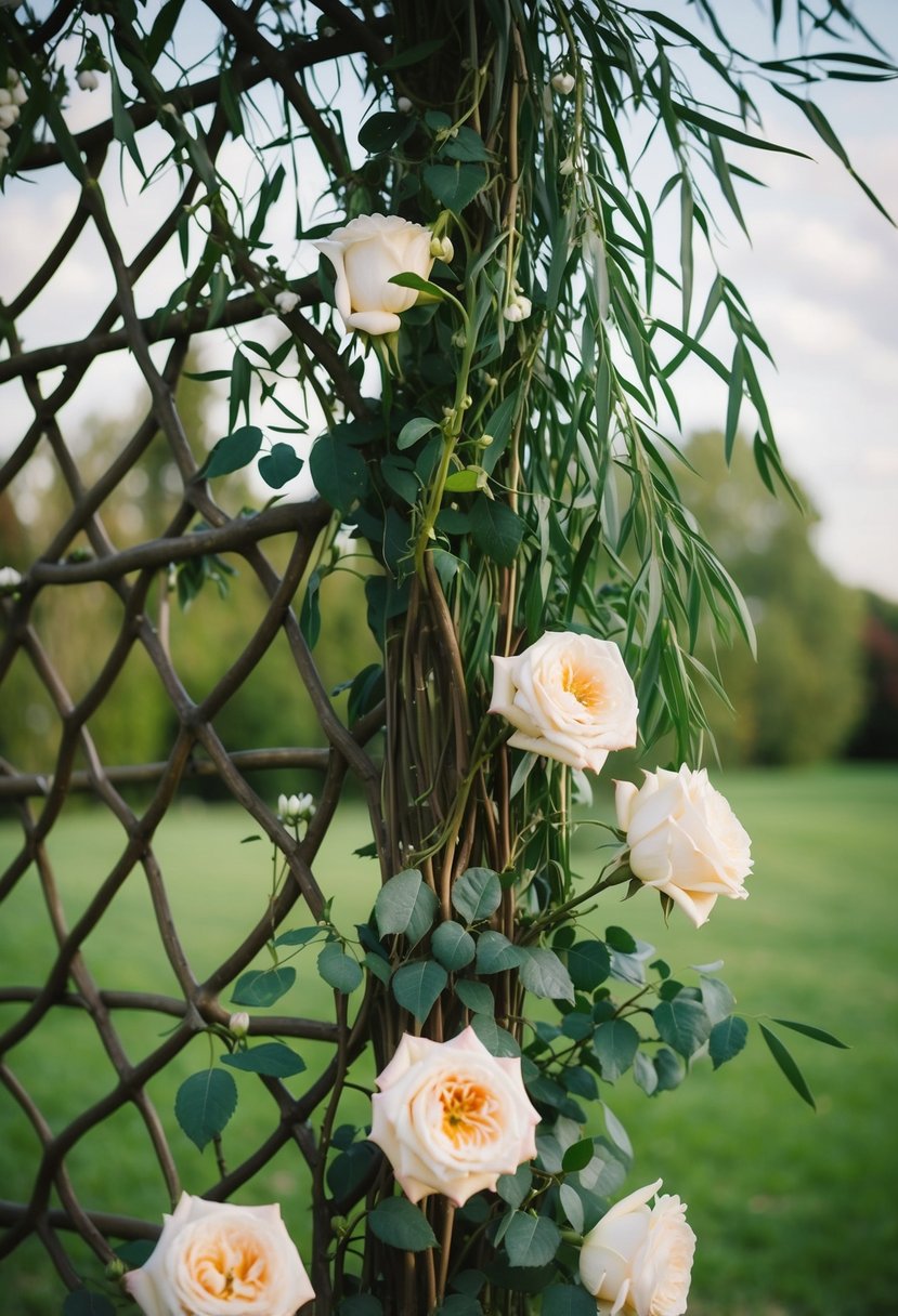 Curly willow branches intertwined with blooming roses form a romantic wedding trellis