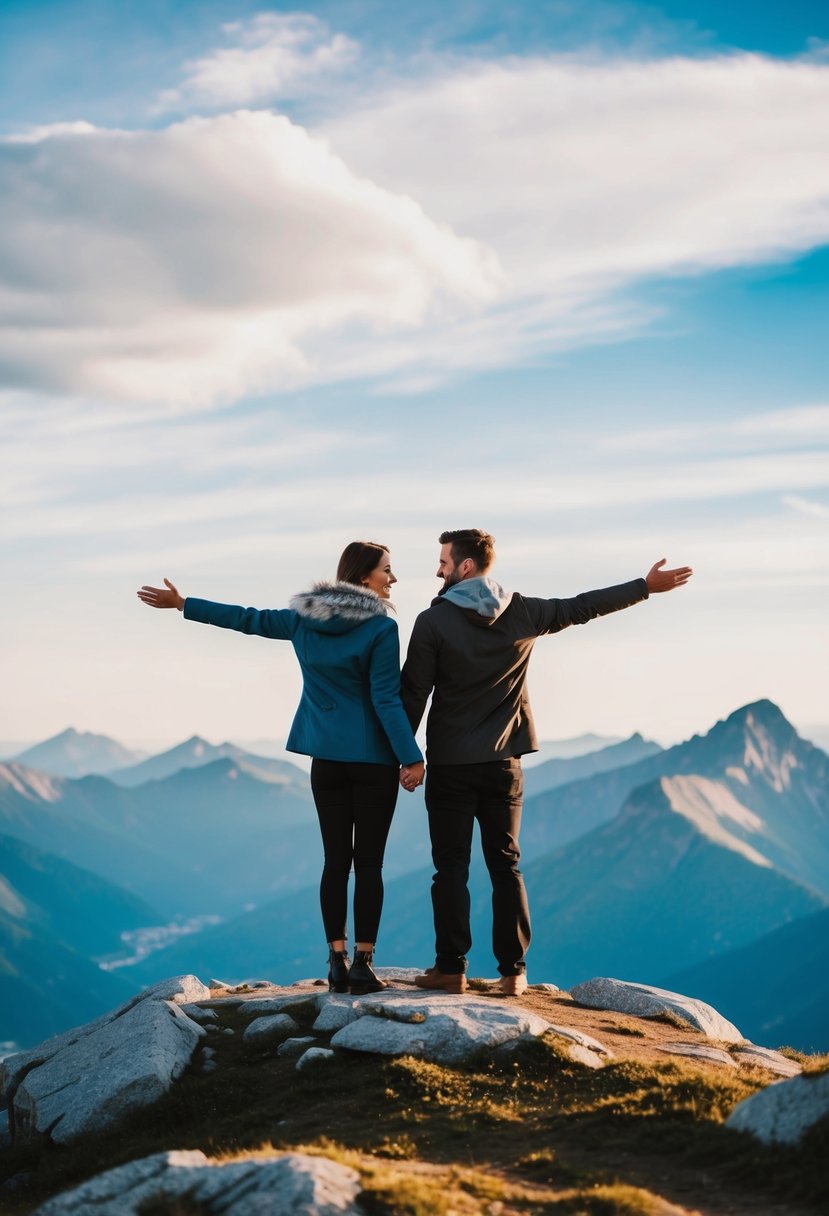 A couple standing on a scenic mountaintop, facing each other with arms outstretched, surrounded by breathtaking natural beauty