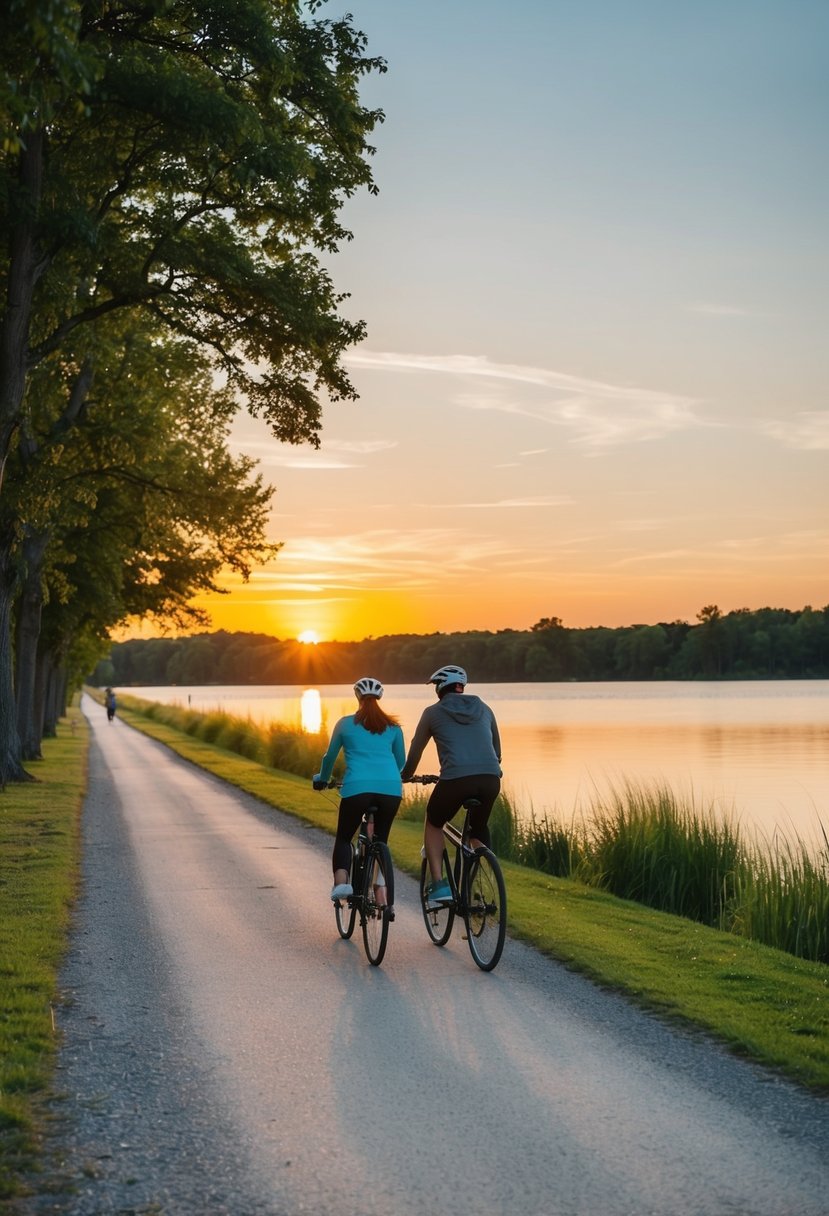 A couple bikes along a tree-lined path, passing by a serene lake with a picturesque sunset in the background