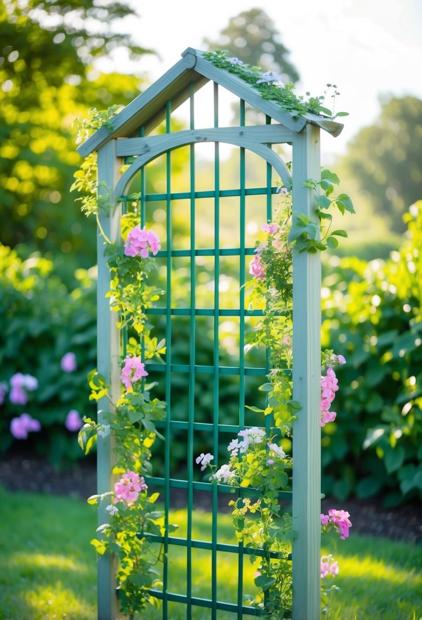 A garden trellis adorned with flowers and greenery, set against a backdrop of lush foliage and soft sunlight