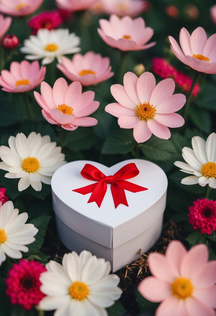 A heart-shaped gift box surrounded by blooming flowers