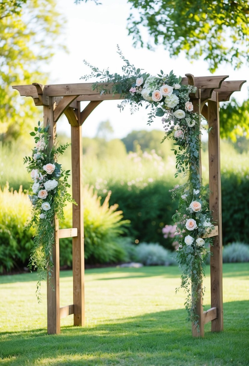 A rustic wooden arbor adorned with flowers and greenery stands in a sunlit garden, creating a romantic backdrop for a wedding ceremony