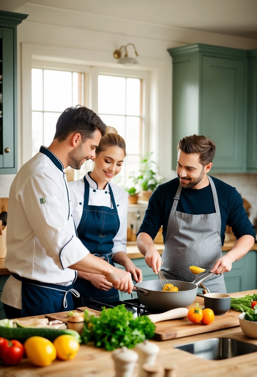 A cozy kitchen setting with a chef demonstrating cooking techniques to a couple, surrounded by fresh ingredients and cooking utensils