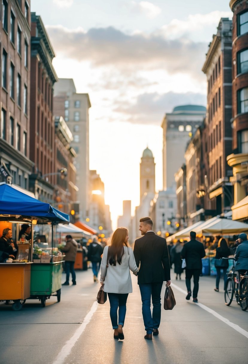 A couple strolls through a bustling city street, passing colorful buildings, street vendors, and historic landmarks. The sun sets behind the skyline, casting a warm glow over the scene