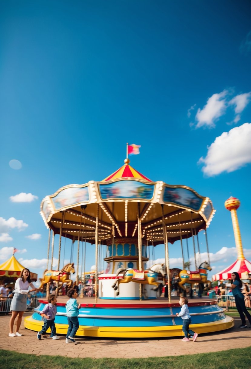 A colorful carousel spins against a bright blue sky, surrounded by laughing families and the sounds of carnival games