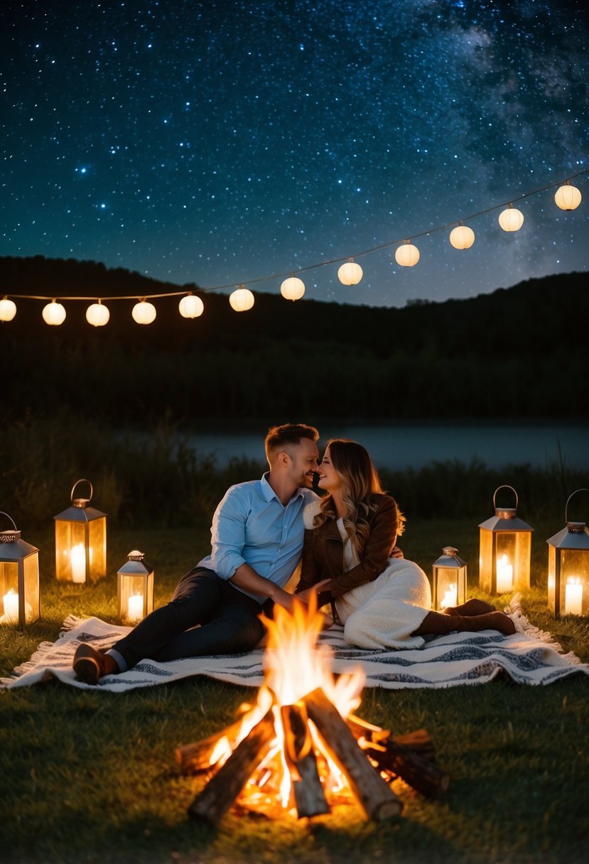 A couple lies on a blanket under a starry sky, surrounded by glowing lanterns and a cozy bonfire